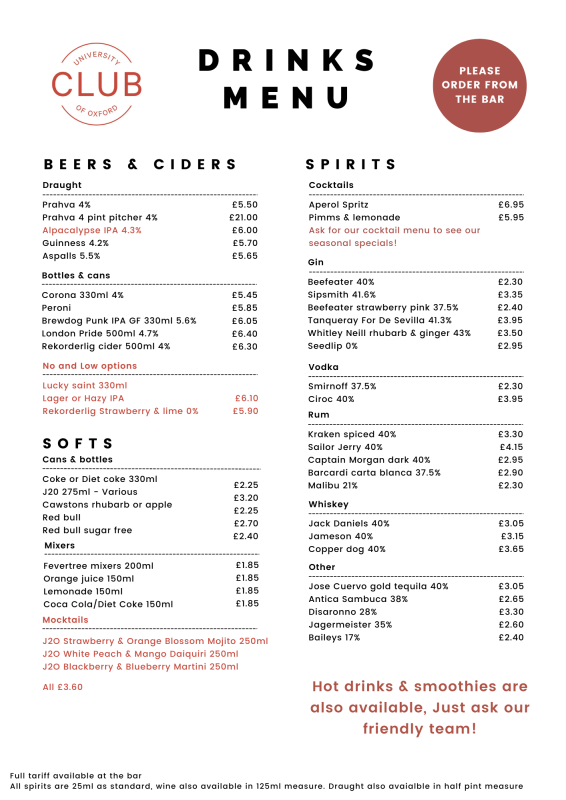 University Club Drinks Menu 2026