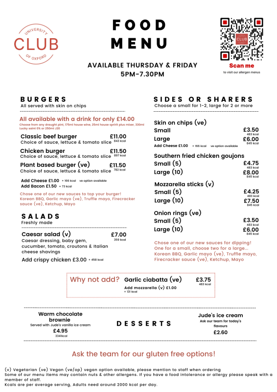 University Club Bar Food Menu 2026